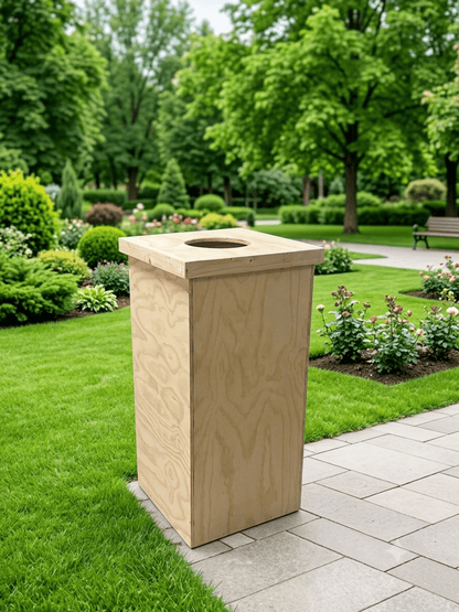 Pattumiera in legno da esterno. Con foro superiore per l'introduzione dei rifiuti. Con coperchio rimovibile per l'introduzione e l'estrazione del sacco dell'immondizia