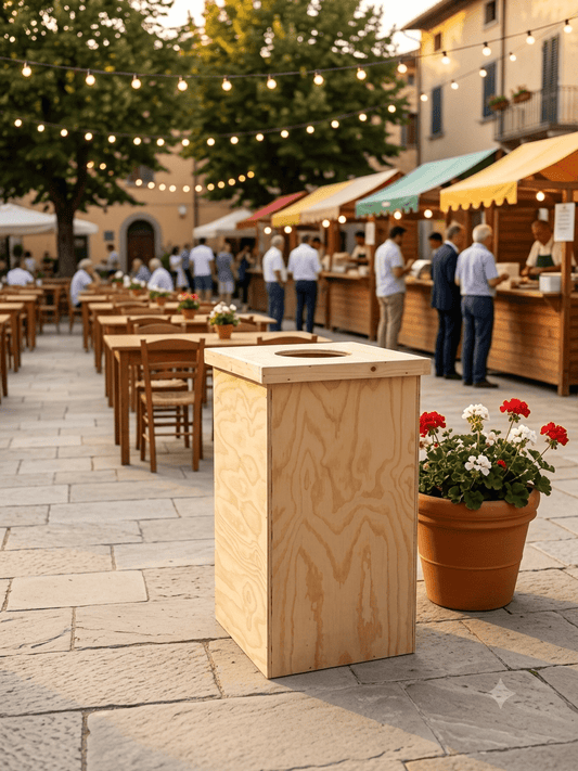 Pattumiera in legno da esterno. Con foro superiore per l'introduzione dei rifiuti. Con coperchio rimovibile per l'introduzione e l'estrazione del sacco dell'immondizia
