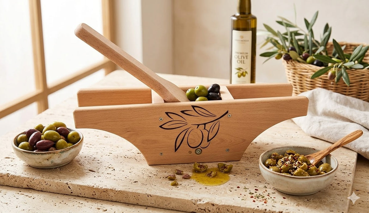 Schiaccia olive artigianale in legno di faggio massello