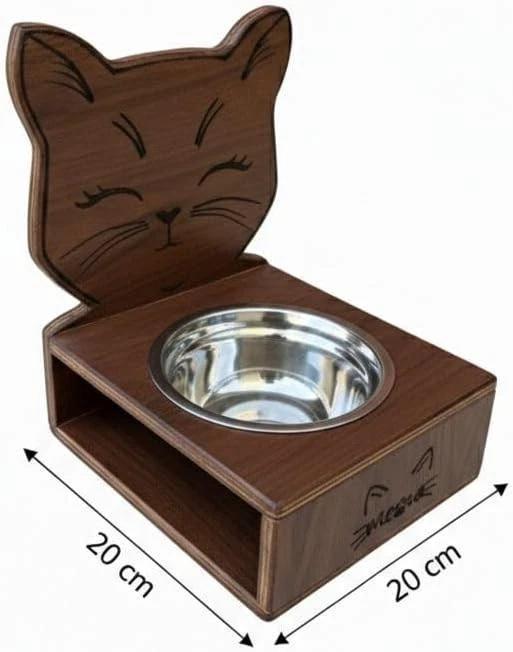 Supporto in legno ciotola rialzata per gatti cm 20 x 20 con ciotola in acciaio marrone chiaro marrone scuro