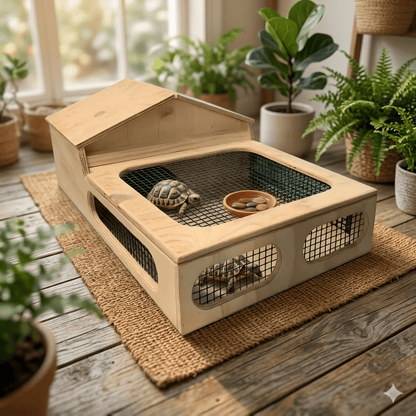 Terrario casetta in legno per tartarughe di terra anfibi cm 60 x 40 x h 23 con recinzione rete trasportino box scatola cassetta