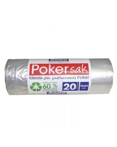 Bama Poker Sak: confezione composta da 20 sacchetti trasparenti di dimensioni cm 64 x 65. Perfetti per la pattumiera Poker ma adattabili anche ad altre tipologie di contenitori. Trasparenti per la raccolta differenziata con chiusura semplice e sicura, sup